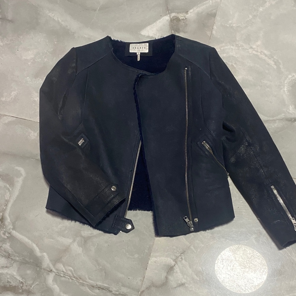 Sandro Black Leather Jacket with Silver Details
